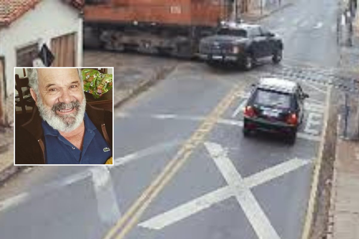 Foto de Vanderley Benedito de Oliveira Leite, 76 anos, em primeiro plano. Ao fundo, é possível ver o exato momento em que a caminhonete que ele dirigia é atingida por um trem em Itirapina (SP).
