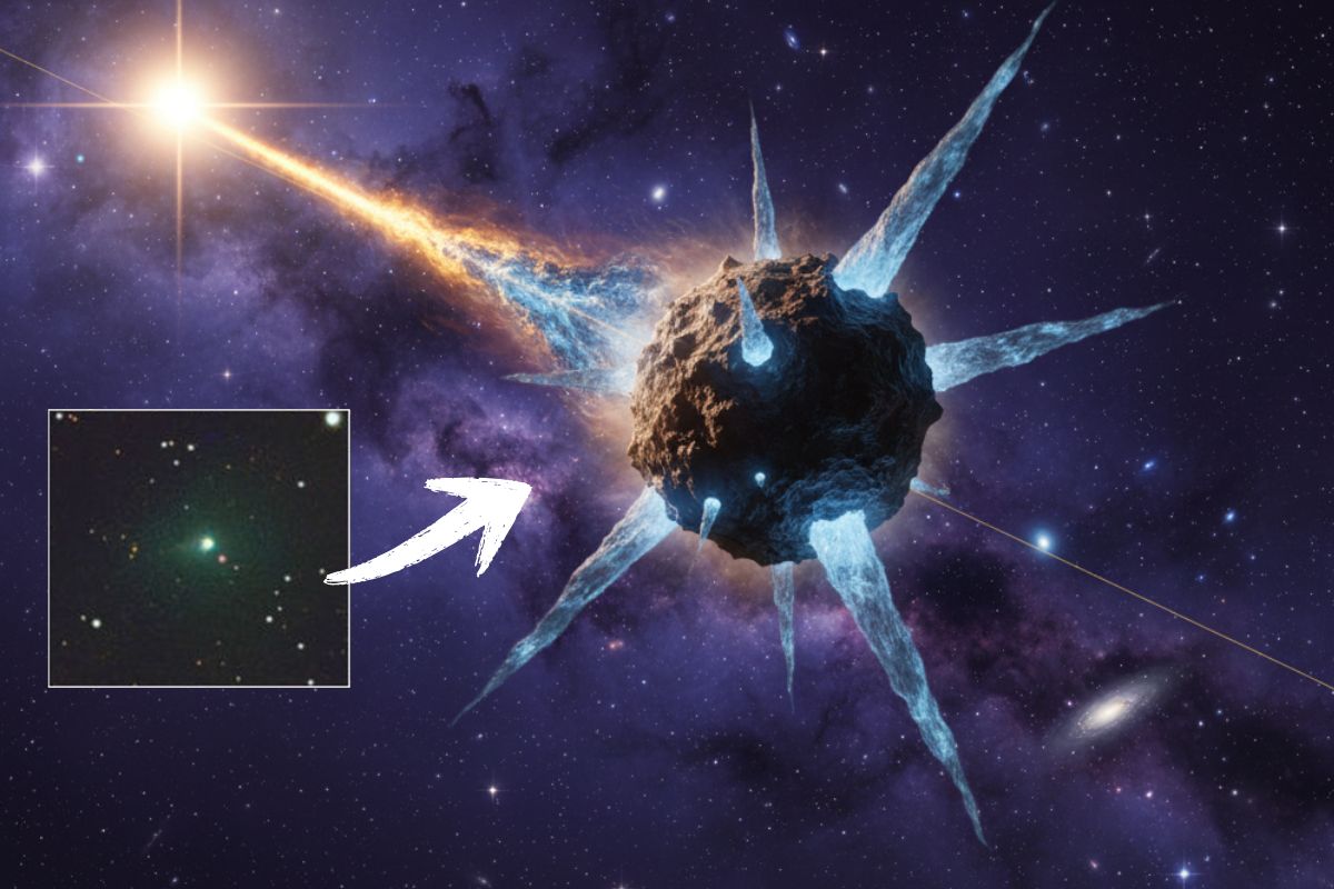 Representação artística gerada por inteligência artificial do cometa interestelar 3I/ATLAS viajando pelo espaço profundo, com núcleo rochoso, coma difusa e anticauda metálica voltada para o Sol.
